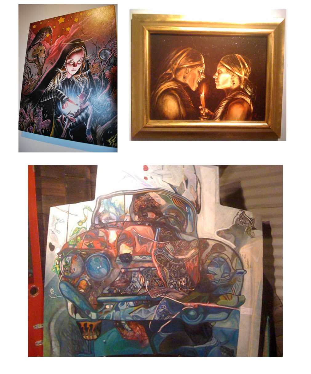 artists work (from top left to bottom) Edward Frausto, Mickey Edtinger, and Warren Heard (painted on an old Chevy hood)